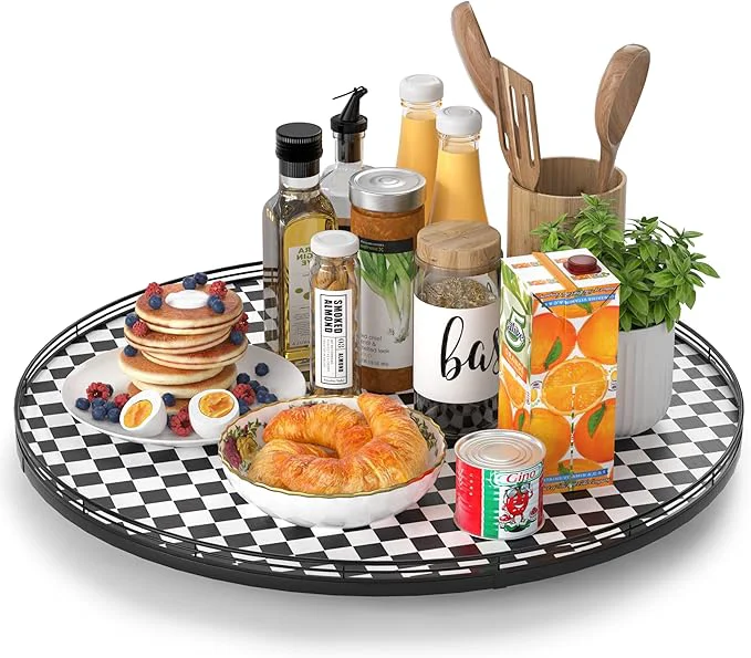 Effective 24 Black and White Kitchen Lazy Susan Turntable Round Checkered Decorative Tray Large Lazy Susan for Dining Table Centerpiece Pantry Kitchen Bathroom Countertop Cupboard Home DecorAbout ThisOverview Genuine