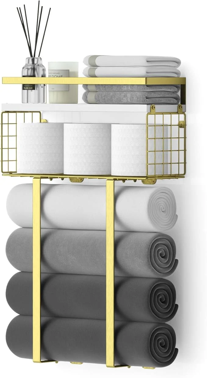 Versatile Towel Racks for Bathroom Bathroom Shelf Over Toilet Floating Shelves with Towel Rack Paper Holder Storage Basket Floating Shelves for Wall Decor GoldAbout ThisOverview Effective