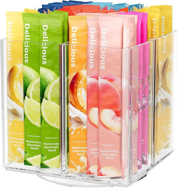 Original Design Drink Packet Organizer Rotating Turntable Organizer with 4 Compartments Clear Lazy Susan for Powdered Drink Mix Water Flavor Packets Coffee Tea – Space-Saving Countertop OrganizerAbout ThisOverview Trendy