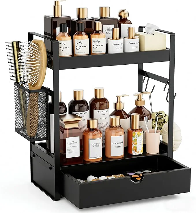Elite 2-Tier Bathroom Counter Organizer with Drawer Basket and Hooks Wood Bathroom Organizers and Storage for countertop Farmhouse Black Countertop Organizer Counter Shelf for Vanity Kitchen OfficeAbout ThisOverview Secure