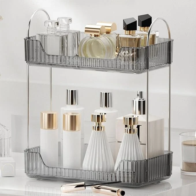 Long-Lasting YCIA DONE Bathroom Organizer Countertop Makeup Storage Skincare Cosmetic Tray Shelf Perfume Holder Rack for Vanity Counter Large Capacity Easy to Install Clean 2 Tiers Smoky GrayAbout ThisOverview Fine Crafted