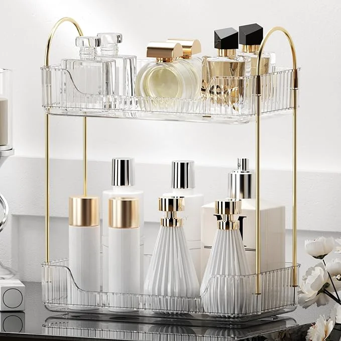 Unique YCIA DONE Bathroom Organizer Countertop Makeup Storage Skincare Cosmetic Tray Shelf Perfume Holder Rack for Vanity Counter Large Capacity Easy to Install Clean 2 Tiers Clear WhiteAbout ThisOverview Classic