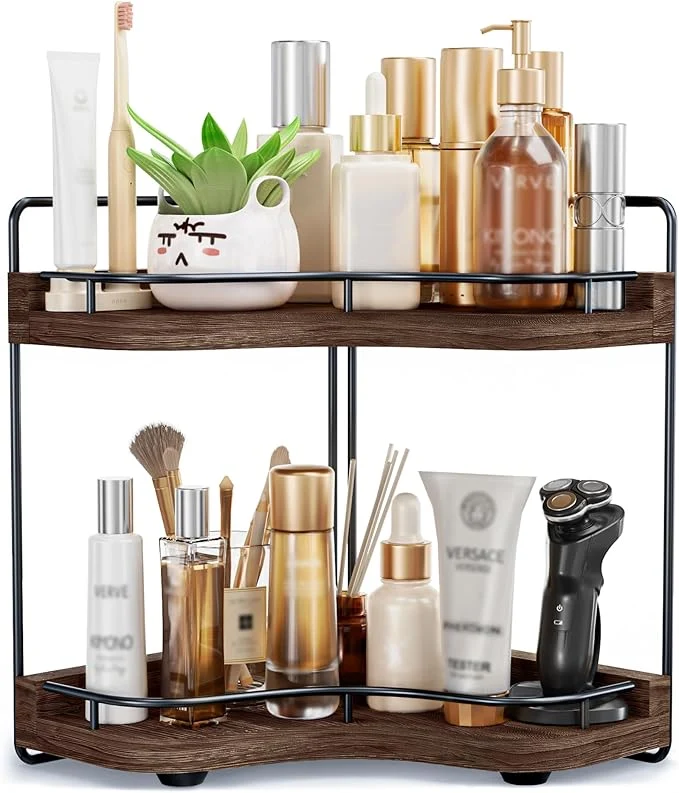 Original Design 2-Tier Corner Bathroom Counter Organizer with Embedded Screw Holes Secure Stable Wood Vanity Shelf for Makeup and Skincare Essentials – Space Saving Bathroom Countertop Storage Dark BrownAbout ThisOverview Carefully Designed