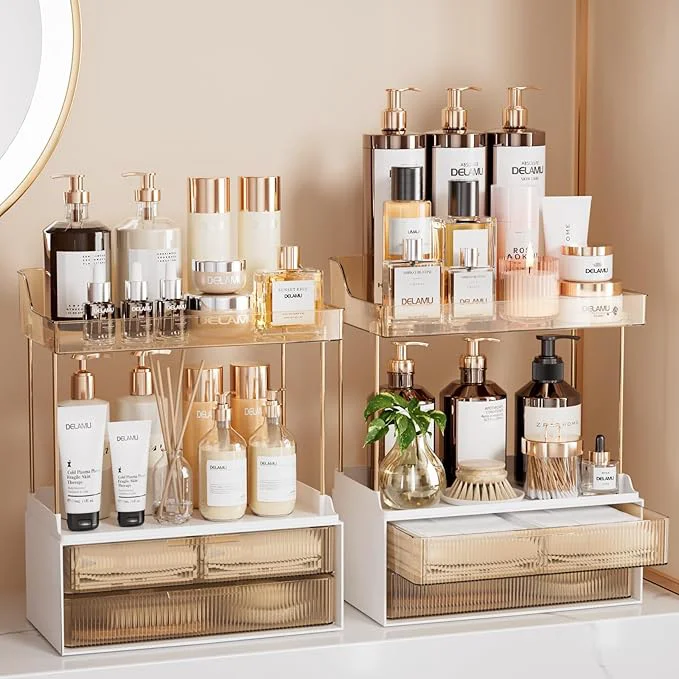 Sophisticated Delamu Bathroom Organizers and Storage 2 Tier 2 Drawer Makeup Organizer Countertop Easy to Install I for Bathroom Counter Vanity I for Women Girls Amber 2PackAbout ThisOverview Minimalist