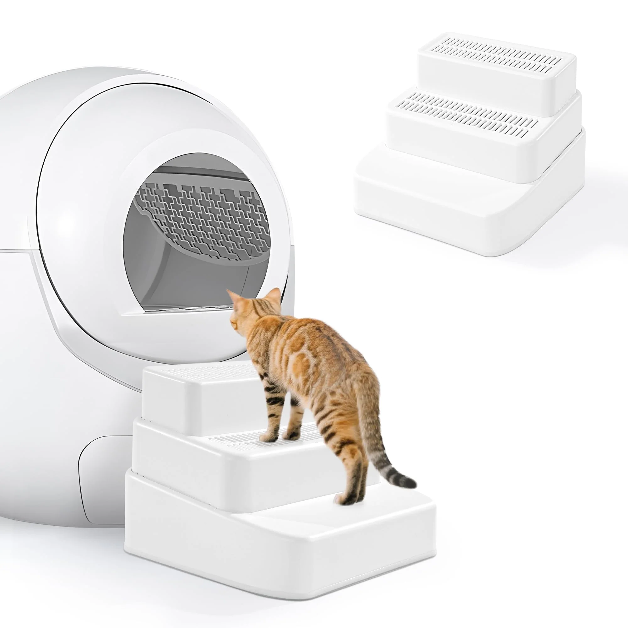 Powerful BALAPET Adjustable 3-Step Cat Ramp with Filter — Non-Slip Litter Box Stair for Small Elderly Cats White Recyclable