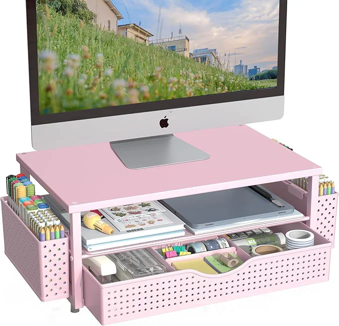 Optimized Spacrea Desk Organizer and Accessories Computer Monitor Stand Riser with Drawer and 2 Pen Holders Office Desk Accessories Workspace Organizers for Office Supplies Pink About ThisOverview Contemporary
