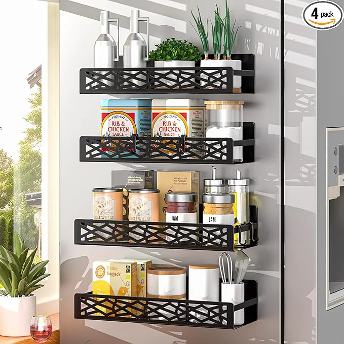 Effective 4 Pack Magnetic Spice Rack for Refrigerator Heavy Duty Metal Magnetic Fridge Spice Rack Organizer with 4 Hooks No Drilling Rustproof Spice Storage for Kitchen Organization 11LB Load CapacityAbout ThisOverview Dependable