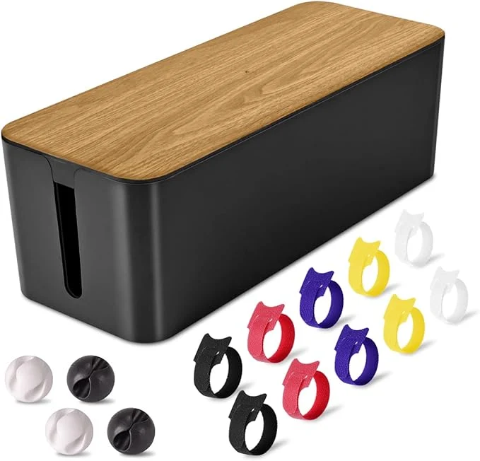 High-Grade Cable Management Box Large – Wooden Grain Cable Organizer Box to Hide Wires Power Strips TV Desk Computer Wires with Cable Clips Reusable Cable Ties for Home Office Black About ThisOverview Secure