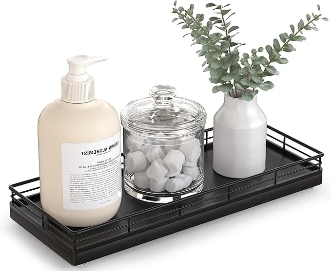 Organic Bathroom Tray for Counter Top Organizer – Oak Wood Vanity Tray with Metal Frame for Dresser Kitchen Nightstand – Black Decorative StorageAbout ThisOverview High-Quality