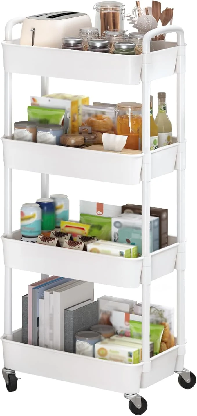 Durable Sywhitta 4-Tier Plastic Rolling Utility Cart with Handle Multi-Functional Storage Trolley for Office Living Room Kitchen Movable Storage Organizer with Wheels WhiteAbout ThisOverview Optimized