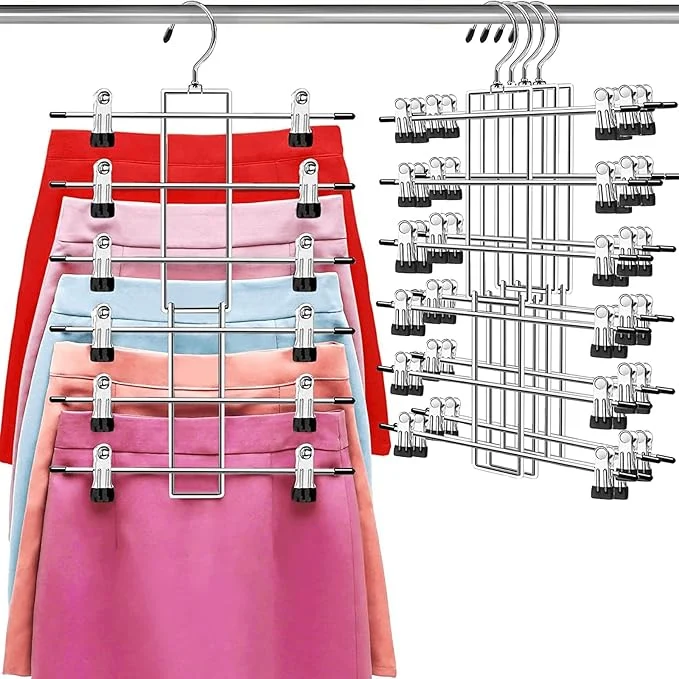 Efficient Pants Hangers with Clips Space Saving Hanging Closet Organizer-6 Tiers Skirt Hangers with 360° Swivel Hook Closet Organizer-Clothes Hangers- College Dorm Essentials Apartment Essentials- 4 PackAbout ThisOverview Exclusive