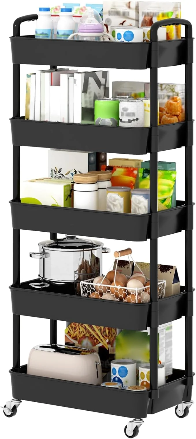Natural Sywhitta 5-Tier Plastic Rolling Utility Cart with Handle Multi-Functional Storage Trolley for Office Living Room Kitchen Movable Storage Organizer with Wheels BlackAbout ThisOverview Next-Generation