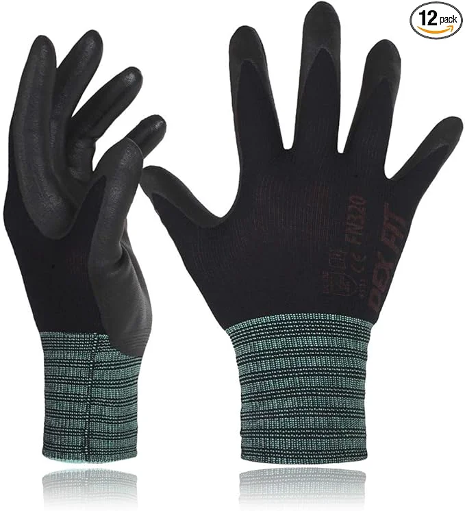 World-Class DEX FIT Nylon Work Gloves FN320 3D Comfort Fit Power Grip Lightweight Breathable Touchscreen Gardening Yard Work Warehouse Delivery Driver Gloves Black 8 M 12 PairsAbout ThisOverview Durable
