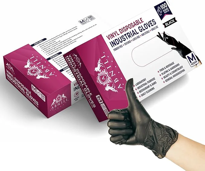 Elite Black Disposable Gloves Black Vinyl Gloves 4.5-Mil Latex Powder for Cooking Cleaning Food Prep Breathable