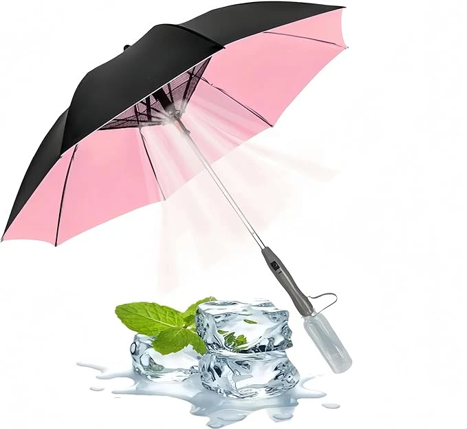 Optimized Umbrella with Fan Mist Spray – Rechargeable UV Protective Cooling Umbrella for Patio Beach Travel Portable Misting System Detachable Water Bottle Included Functional