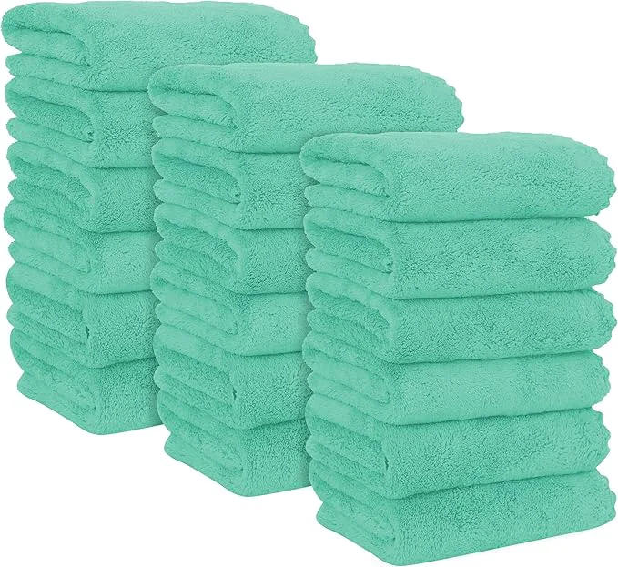 Unique MOONQUEEN 18 Pack Premium Hand Towels – Quick Drying – Microfiber Coral Velvet Highly Absorbent Towels – Multipurpose Use as Hotel Bathroom Shower Spa Hand Towel 16 x 28 inches Aqua Green About ThisOverview Effective