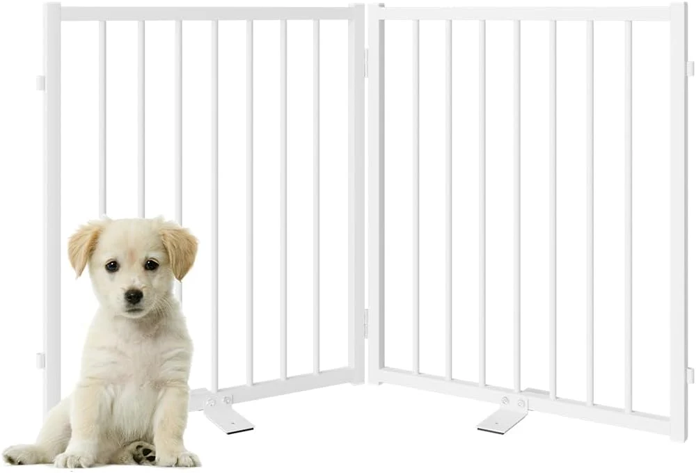 Versatile Full Metal standing Dog Gate with Door 24” Height Foldable Pet Dog Fence for Indoor Outdoor 2 Panels Extra Wide Standing Small Dog Gates for Doorways House Stairs Porch Deck Yard Stylish