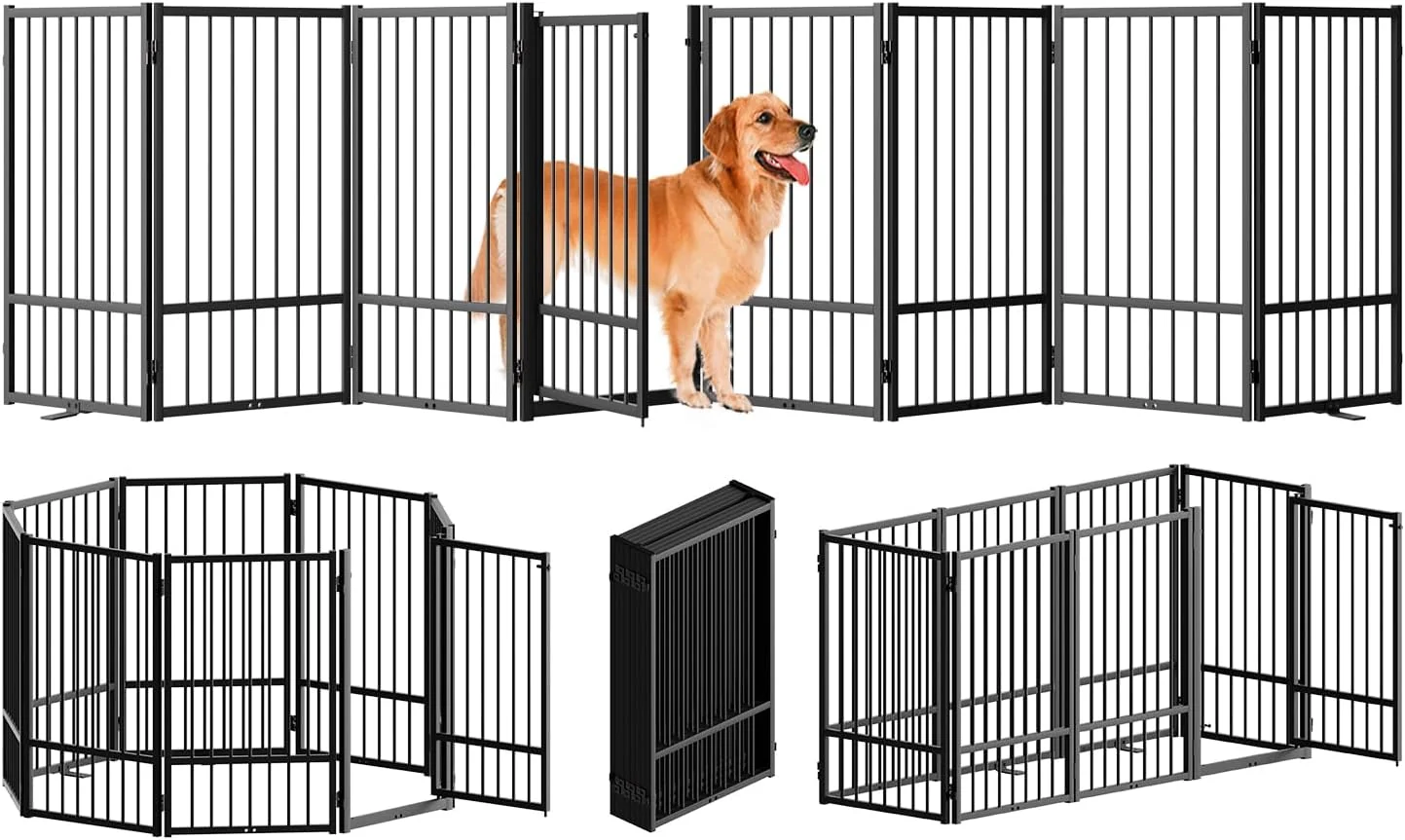 Fine Full Metal standing Dog Gate with Door 32”Height Foldable Pet Dog Fence for Indoor Outdoor 8 Panels Extra Wide Standing TallDog Gates for Doorways House Stairs Porch Deck Yard Long-Lasting