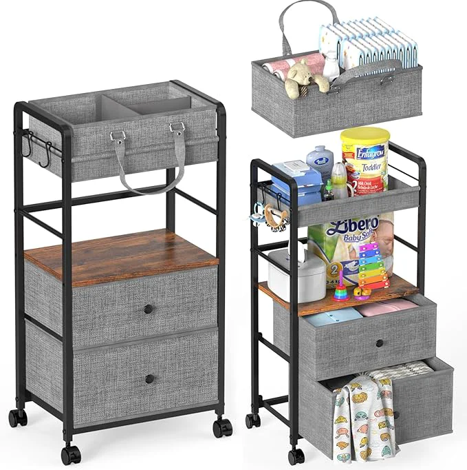 Practical 2IN1 Baby Diaper Caddy Organizer 4-Tier Rolling Cart Bedside Cart for Baby Essentials Nursery With Drawers Metal Mobile Diaper Caddy Cart with Wheels Storage Basket with Dividers for Baby ShowerAbout ThisOverview Durable