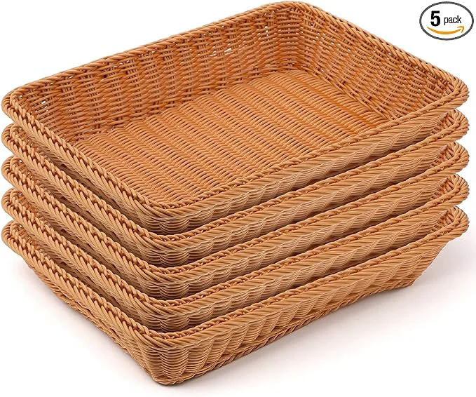 Expertly Made 5 Pack 15.8 Inch Large Wicker Bread Baskets Brown Woven Serving Basket Trays for Food Bread Fruits Vegetables Snacks – PVC Rattan Display for Restaurant HomeAbout ThisOverview High-Performance