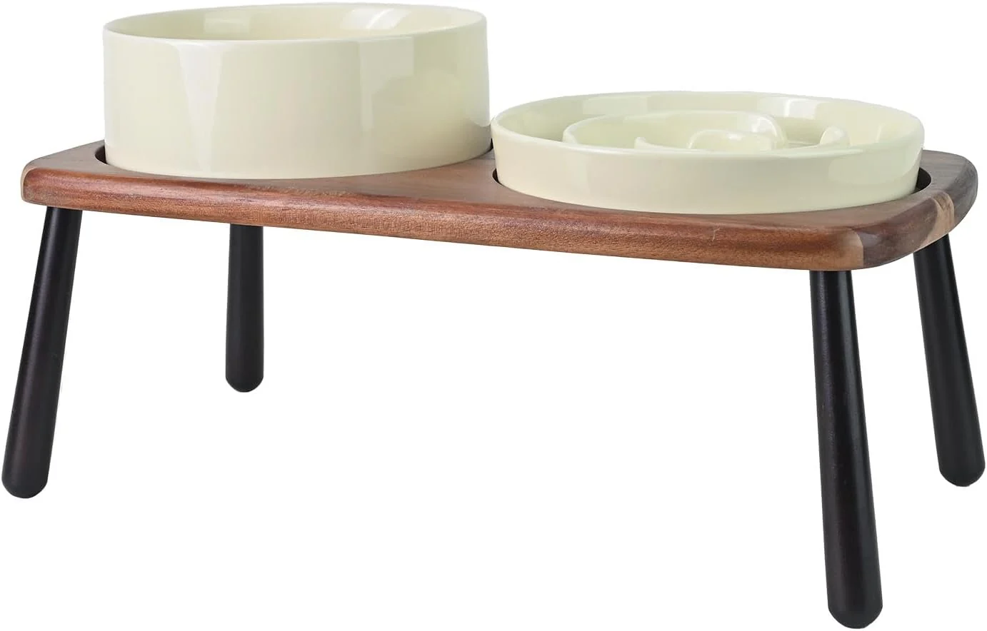 Innovative SPUNKYJUNKY Ceramic d Dog Bowls with Slow Feeder Raised Acacia Bamboo Wooden Stand 8.3” Dog Food Water Bowls Set Non-Slip for Medium Large Sized Breed Microwave Dishwasher Safe – Beige Easy-to-Use