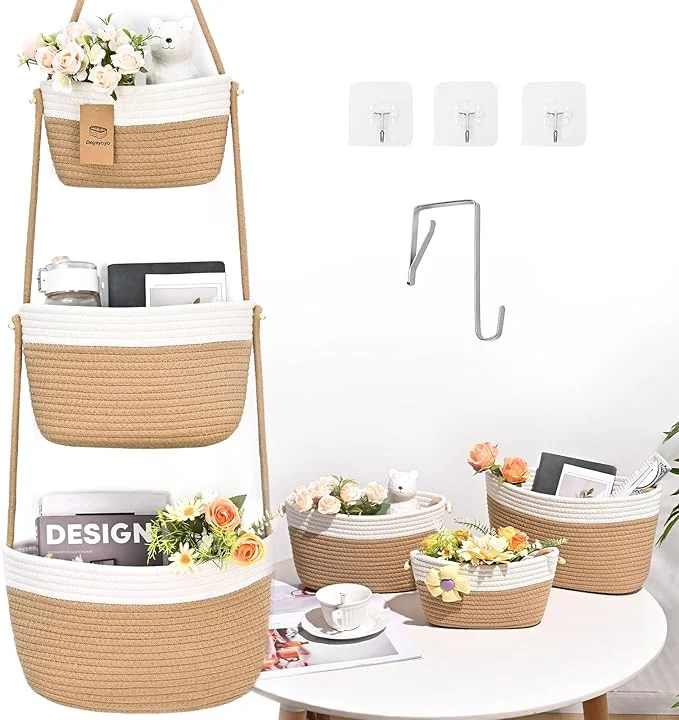 Elite Hanging Storage Baskets Over the Door Basket Cotton Wall Baskets Storage Hanging Door Basket with 4 HooksAbout ThisOverview Recyclable