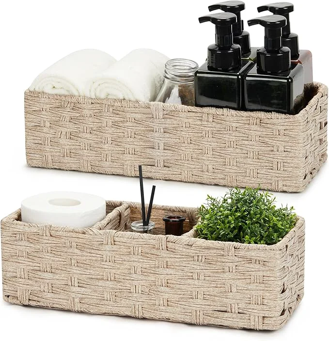 Smooth Bidtakay Long Narrow Wicker Baskets Toilet Paper Basket for Shelves 2-Pack Waterproof Imitation Small Wicker Storage Bins for Washroom Closet Boho Decor Baskets for Organizing Grayish BeigeAbout ThisOverview Eco-Friendly