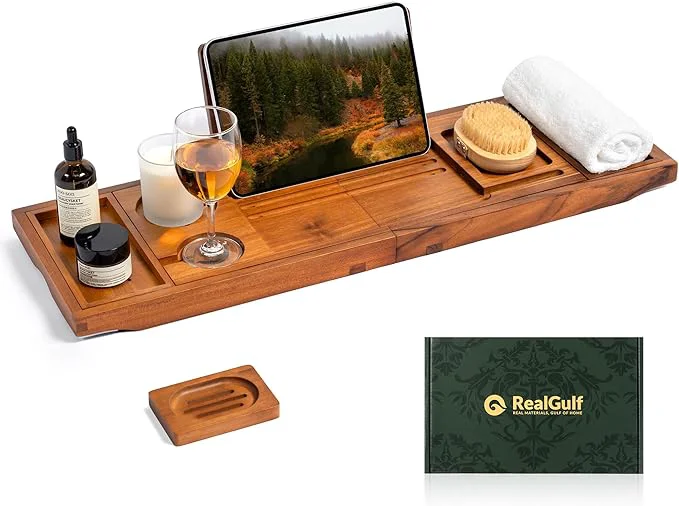 Dependable Teak Bathtub Tray Bath Caddy with Wine Glass Holder Phone Dock Book Stand Hands- Reading Spa Relaxation Experience-NaturalAbout ThisOverview Fashionable