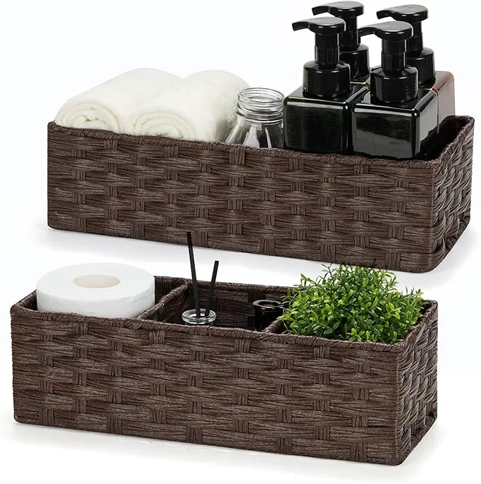 High-End Bidtakay Narrow Hand-woven Wicker Storage Bins Small baskets for Organizing 2-Pack Waterproof Imitation Wicker Baskets for Storage Long Storage Basket for Shelf Washroom Basket Reddish BrownAbout ThisOverview Reusable