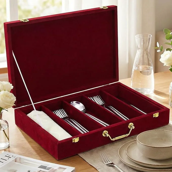 Crafted Pickmesh Silverware Case with Lid and Handle Silverware Storage Box Sterling Silver Flatware Chest Without Silver Tarnish Proof Utensils Organizer for Kitchen Decor Wedding Gifts Burgundy 1 Layer About ThisOverview Organic