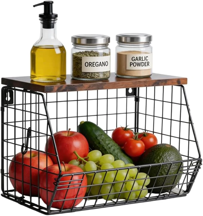 Elegant Wall Mounted Fruit Basket with Wood Lid Hanging Kitchen Storage for Fruits Vegetables Potatoes Onions Heavy-Duty Carbon Steel Solid Wood Black Space-Saving Countertop Organizer L About ThisOverview Trusted