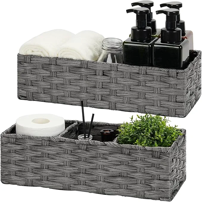 Powerful Bidtakay Narrow Wicker Bins for Organizing 2-Pack Dark Grey Decorative Baskets for Washroom Organizer Waterproof Imitation Small Wicker Storage Baskets for Shlef Closet Bedroom Entryway Office DeskAbout ThisOverview Quality