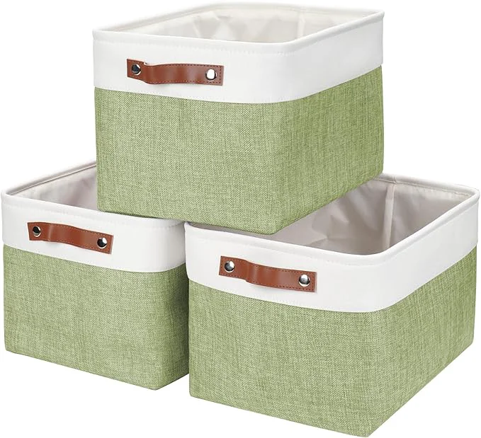 Unique Storage Bins Large Fabric Storage Baskets for Shelves 3 Pack Decorative Linen Closet Baskets with Handles for Organizing Shelf Clothes Home Office 15x11x9.5Inches Green White About ThisOverview User-Friendly
