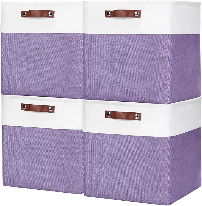 Crafted 13×13 Cube Storage Bins Collapsible Fabric Storage Box 4 Pack Closet Baskets with Handles for Organizing Shelf Toys Clothes Home Office Nursery Purple White About ThisOverview Durable