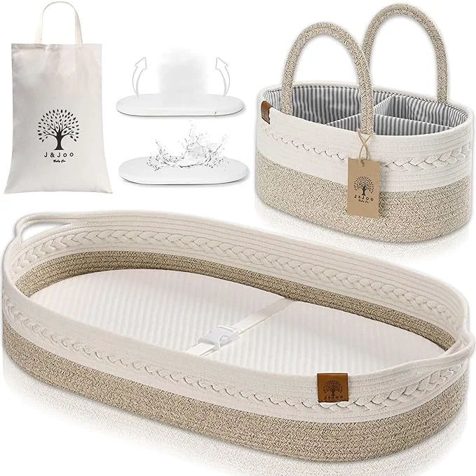 Selected Baby Changing Basket Includes Diaper Caddy – Soft Waterproof Dual-Cover Portable Changing Pad for Dresser Changing Table Gift for Baby Shower Organic Cotton Rope Classic