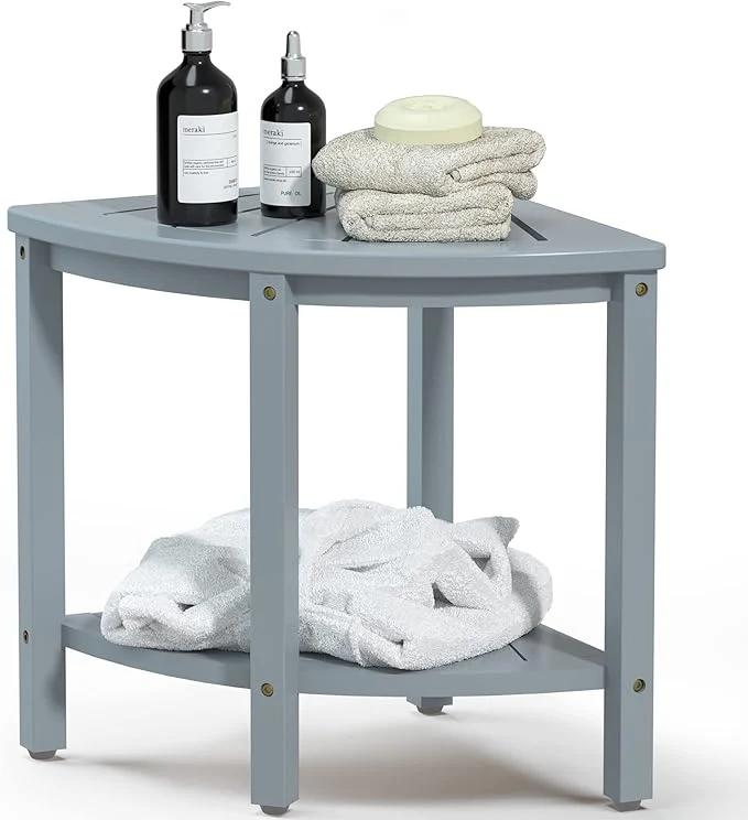 Breathable Bamboo Corner Shower Bench Waterproof Stool with Space-Efficient Storage Shelf – Shower Stool Seat for Indoor or Outdoor Use Bluish Grey About ThisOverview Refined