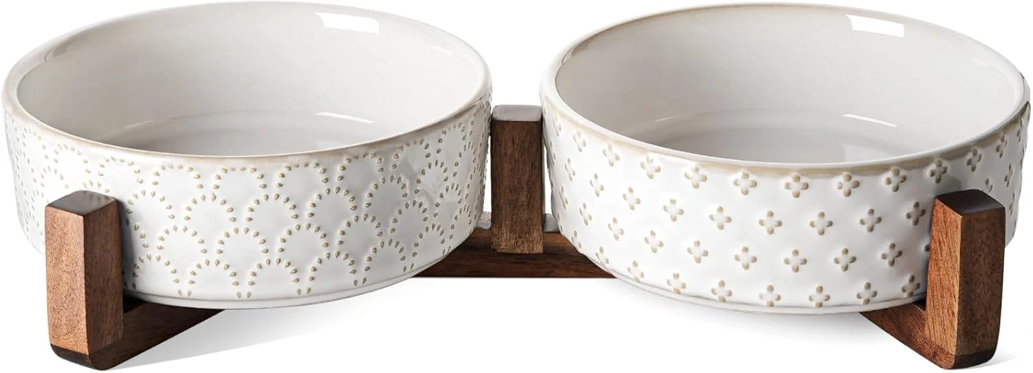 Convenient LE TAUCI Dog Bowl Set with Acacia Wood Stand – 1.5-Cup Ceramic Puppy Bowls for Small Dogs Dual Food and Water Bowls with Weighted Non-Slip Base Clover Responsible