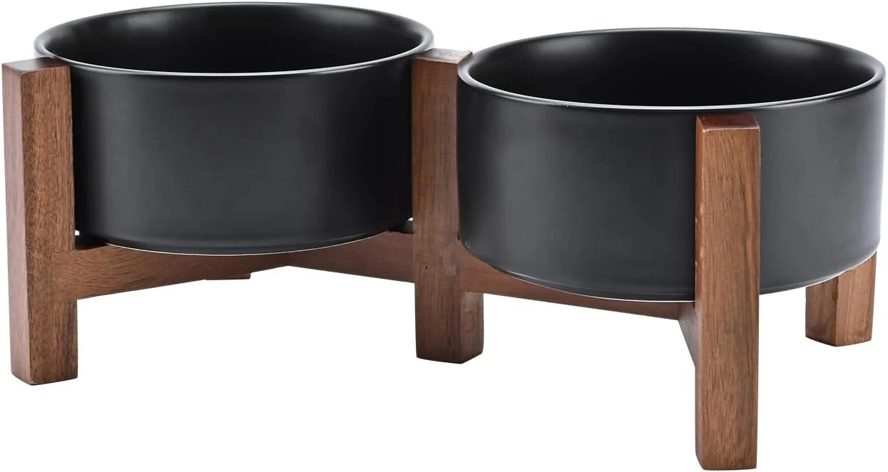 Flexible SPUNKYJUNKY Ceramic Dog Bowls with Acacia Wood Stand – Raised Dog Food and Water Bowl Set for Medium Dogs 28.74 OZ Black Healthy