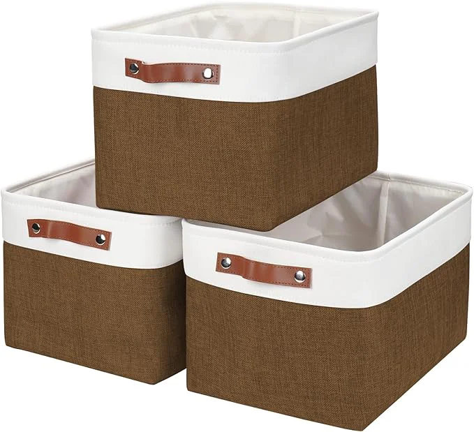 Premium Storage Bins Large Fabric Storage Baskets for Shelves 3 Pack Decorative Linen Closet Baskets with Handles for Organizing Shelf Clothes Home Office 15x11x9.5Inches Brown White About ThisOverview Versatile