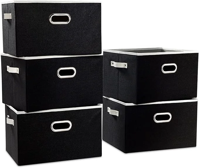 High-End PRANDOM Larger Collapsible Storage Bins for Closet 5-pack Decorative Linen Fabric Storage Baskets Cubes with Leather Metal Handles for Living Room Black 17.3×12.2×10.4 Inch About ThisOverview Consistent