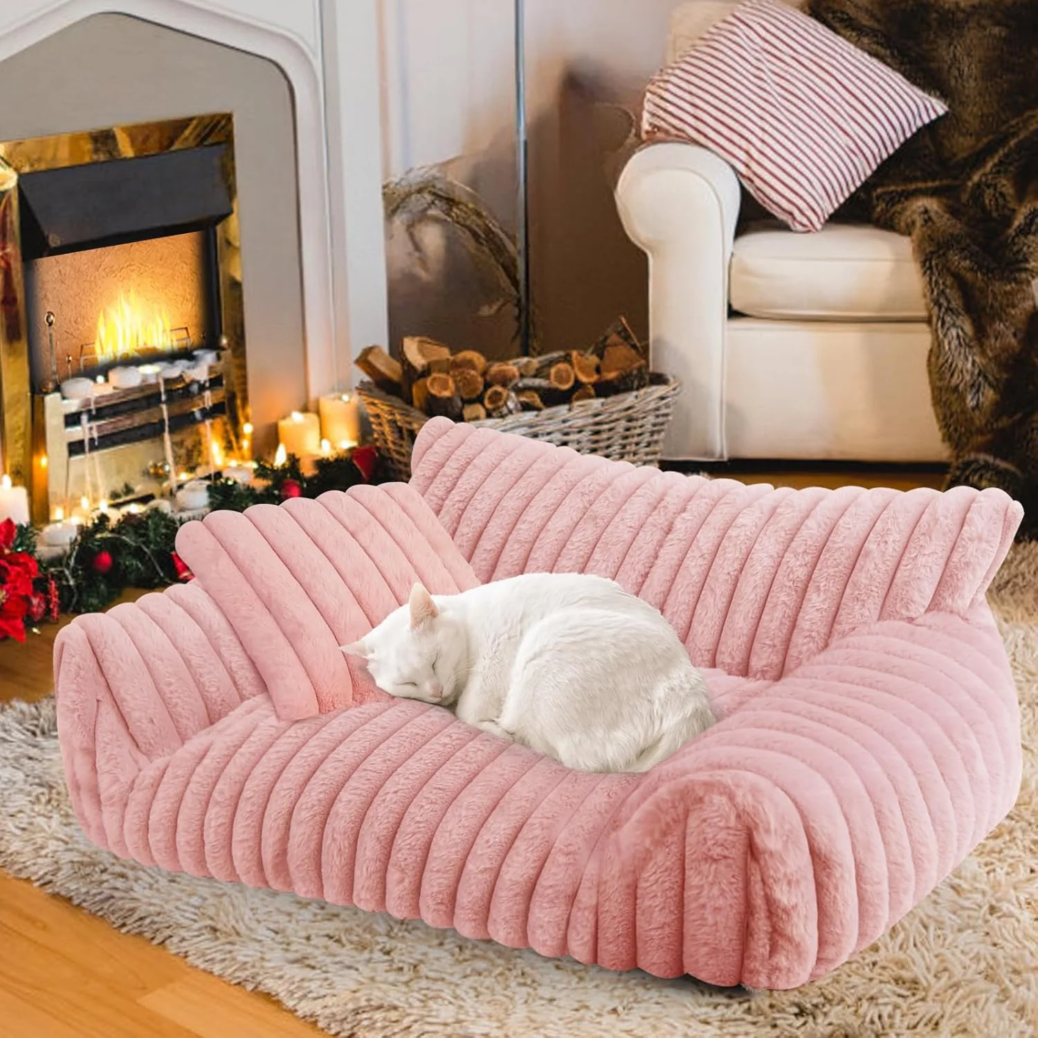Fast Cute Cat Couch Bed for Indoor Cats Fluffy Pet Cat Sofa with Premium Soft Corduroy Fleece Cute Small Dog Beds for Small Dogs Fuzzy Puppy Chair with Removable Washable Cover 24x18x10 Pink Verified