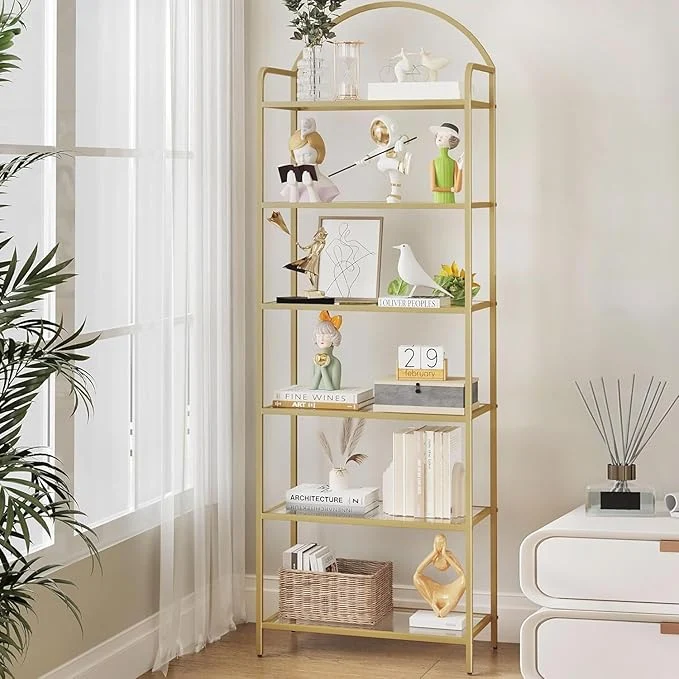 Durable Bookcase Bookshelf Tempered Glass Bookshelves Slim Shelving Unit for Bedroom Bathroom Home Office Steel Frame 6 Tier Gold BC21699GAbout ThisOverview Exclusive