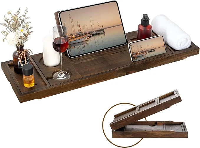 User-Friendly Teak Bathtub Tray – Luxury Bath Tray with Expandable Handles Wine Glass and Phone Holders Book Stand – for Home Spa Relaxation and Reading – Natural Bath Accessories – Dark Walnut ColorAbout ThisOverview Official