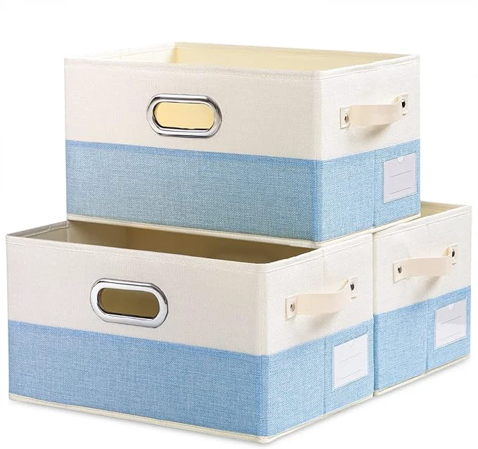 High-Performance PRANDOM Large Fodable Storage Baskets for Closet 3-pack Decorative Fabric Storage Bins Cubes with Leather Metal Handles for Shelves Bedroom Living Room Blue Cream 14.9×9.8×8.3 Inch About ThisOverview Recyclable