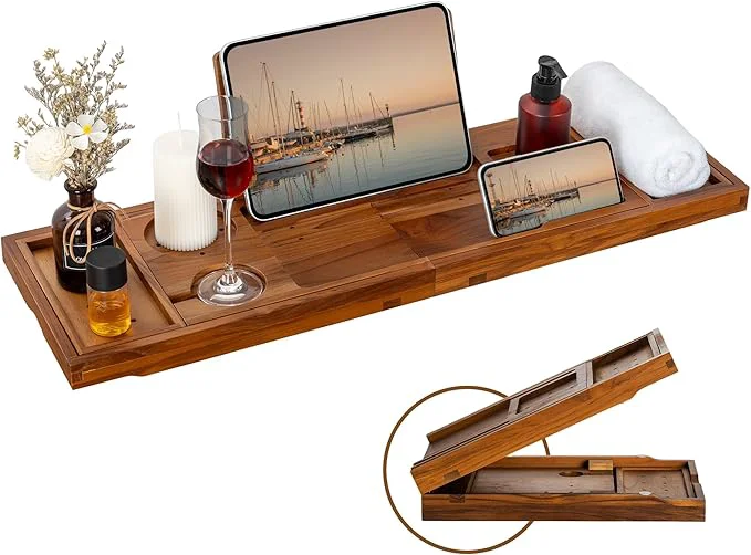 High-Grade Teak Bathtub Tray – Luxury Bath Tray with Expandable Handles Wine Glass and Phone Holders Book Stand – for Home Spa Relaxation and Reading – Natural Bath Accessories – Light Walnut ColorAbout ThisOverview Responsible