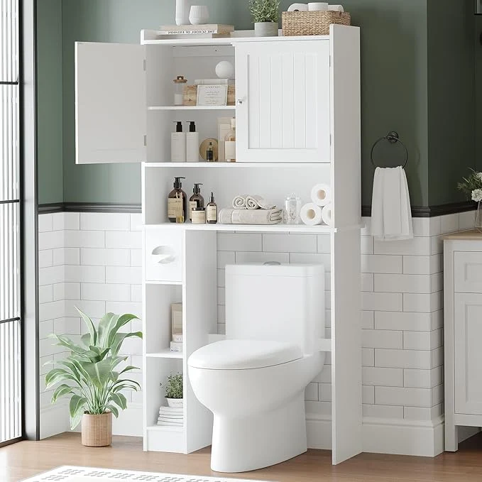 High-Grade Over The Toilet Storage Cabinet with Toilet Paper Holder Double Door Bathroom Organizer with Adjustable Shelves standing Bathroom Shelf Toilet Storage Cabinet Space-Saving Toilet Rack WhiteAbout ThisOverview Pure