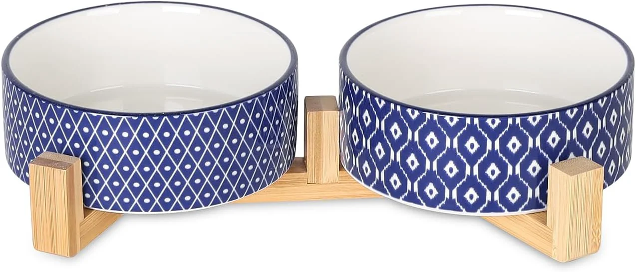 Traditional Selamica Ceramic 14 OZ Dog Bowls with Wooden Stand Anti-Slip Dog Dishes Set for Cats Small Dogs Weighted Pet Bowls Set of 2 Vintage Blue Unique