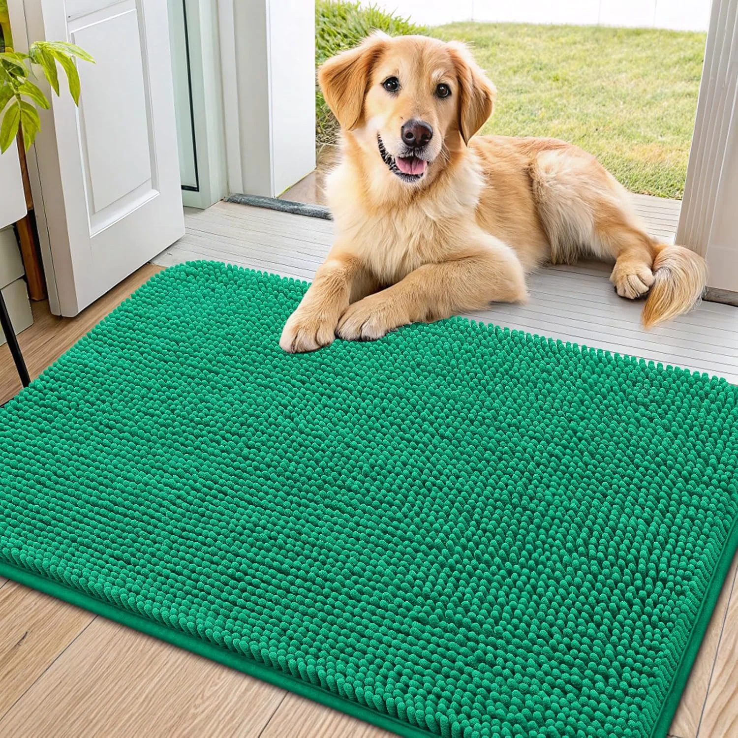 Original Design Smiry Dog Door Mat for Muddy Paws 36×24 Absorbs Moisture and Dirt Doormat Non-Slip Washable Quick Dry Chenille Front Door Mat Indoor Entrance Entryway Carpet for Inside Floor Emerald Green Premium