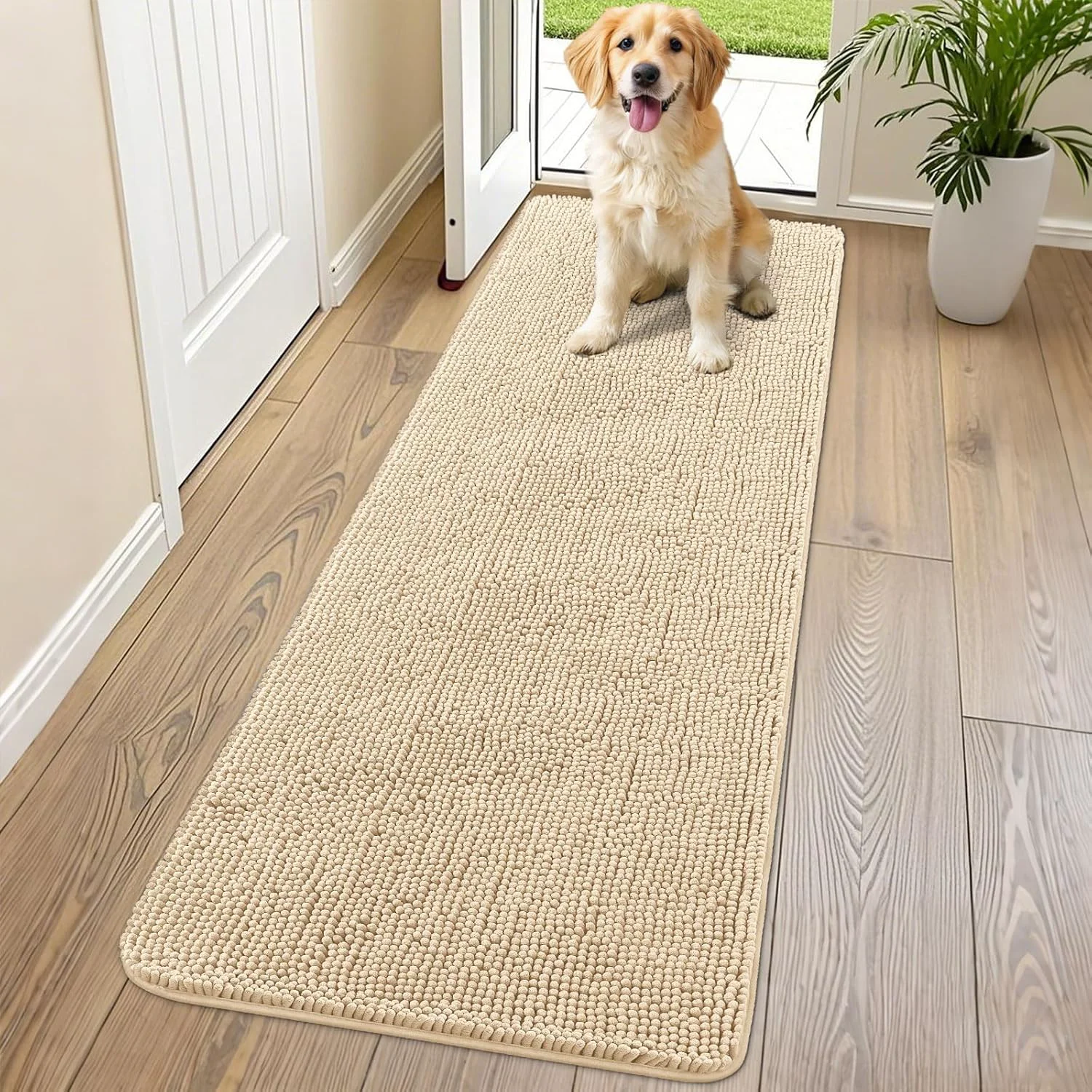 Casual Smiry Dog Door Mat for Muddy Paws 70×24 Absorbs Moisture and Dirt Doormat Non-Slip Washable Quick Dry Chenille Front Door Mat Indoor Entrance Entryway Carpet for Inside Floor Beige Selected