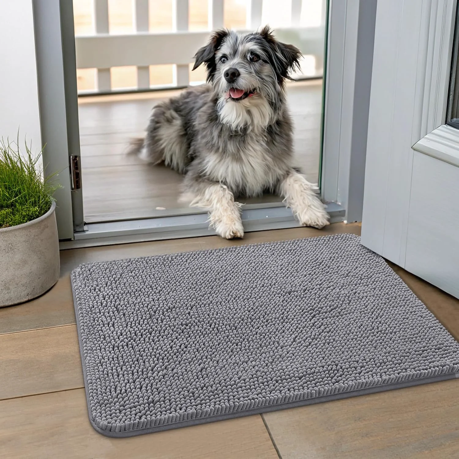 Certified Smiry Dog Door Mat for Muddy Paws 24×16 Absorbs Moisture and Dirt Doormat Non-Slip Washable Quick Dry Chenille Front Door Mat Indoor Entrance Entryway Carpet for Inside Floor Grey Superior